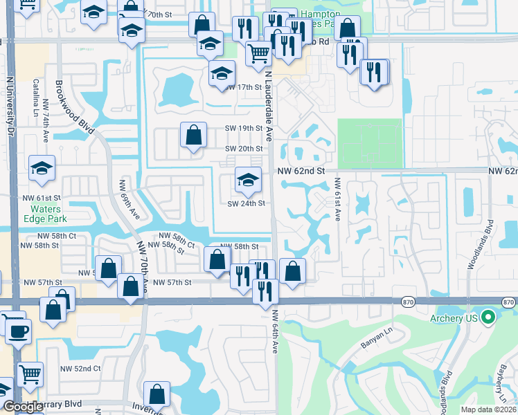 map of restaurants, bars, coffee shops, grocery stores, and more near 8100 Southwest 24th Street in North Lauderdale