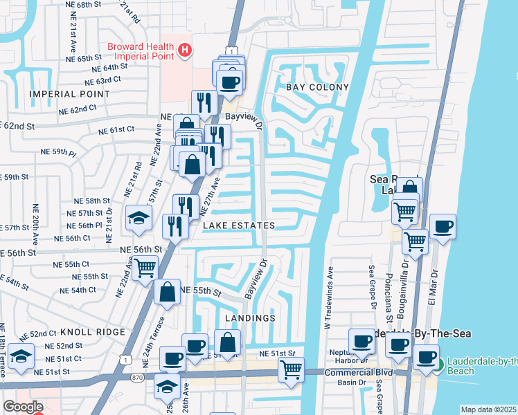 map of restaurants, bars, coffee shops, grocery stores, and more near 5731 Bayview Drive in Fort Lauderdale