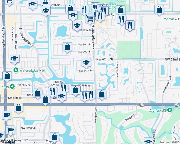 map of restaurants, bars, coffee shops, grocery stores, and more near 8100 Southwest 24th Street in North Lauderdale