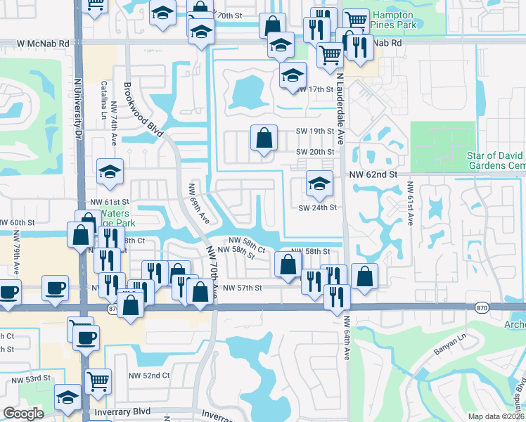 map of restaurants, bars, coffee shops, grocery stores, and more near 6001 Northwest 67th Avenue in Tamarac