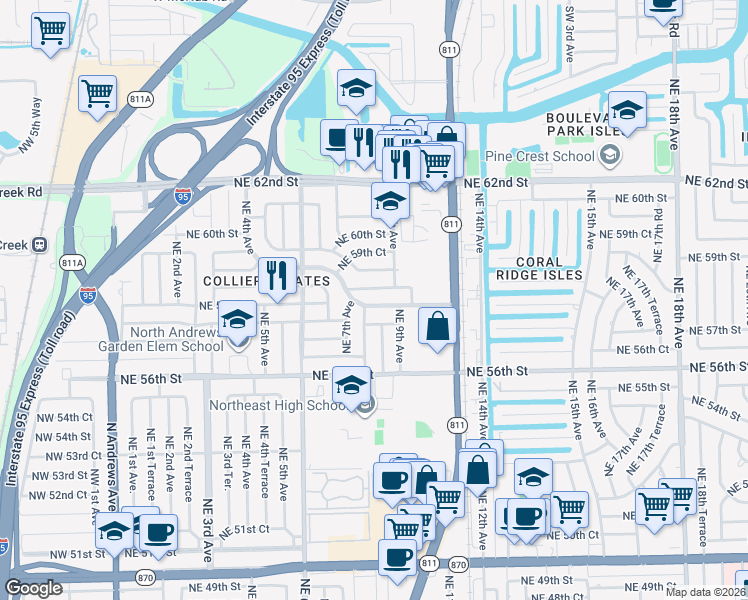 map of restaurants, bars, coffee shops, grocery stores, and more near 741 Northeast 58th Street in Fort Lauderdale