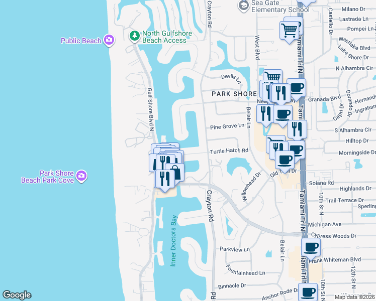 map of restaurants, bars, coffee shops, grocery stores, and more near 307 Turtle Hatch Road in Naples