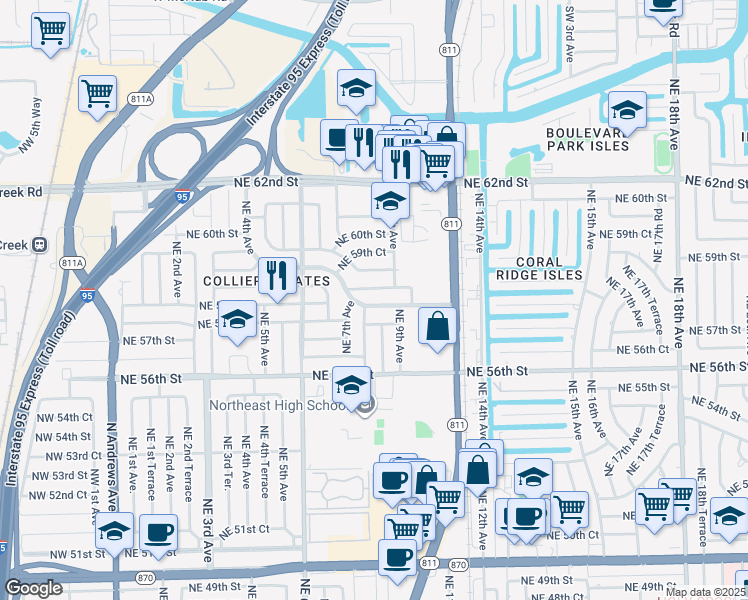 map of restaurants, bars, coffee shops, grocery stores, and more near 741 Northeast 58th Street in Fort Lauderdale