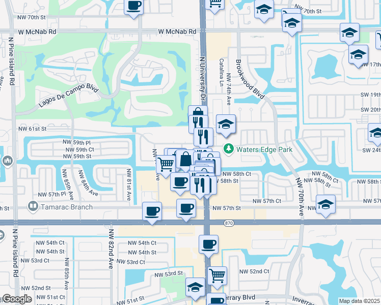 map of restaurants, bars, coffee shops, grocery stores, and more near 6095 North University Drive in Tamarac