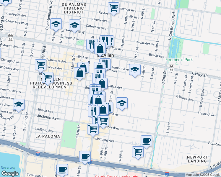 map of restaurants, bars, coffee shops, grocery stores, and more near 408 South 9th Street in McAllen