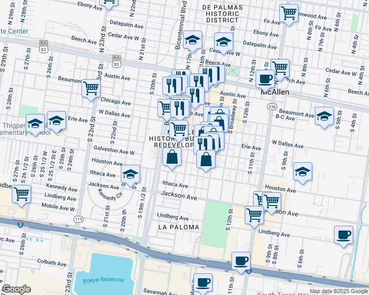map of restaurants, bars, coffee shops, grocery stores, and more near 520 Fresno Avenue in McAllen