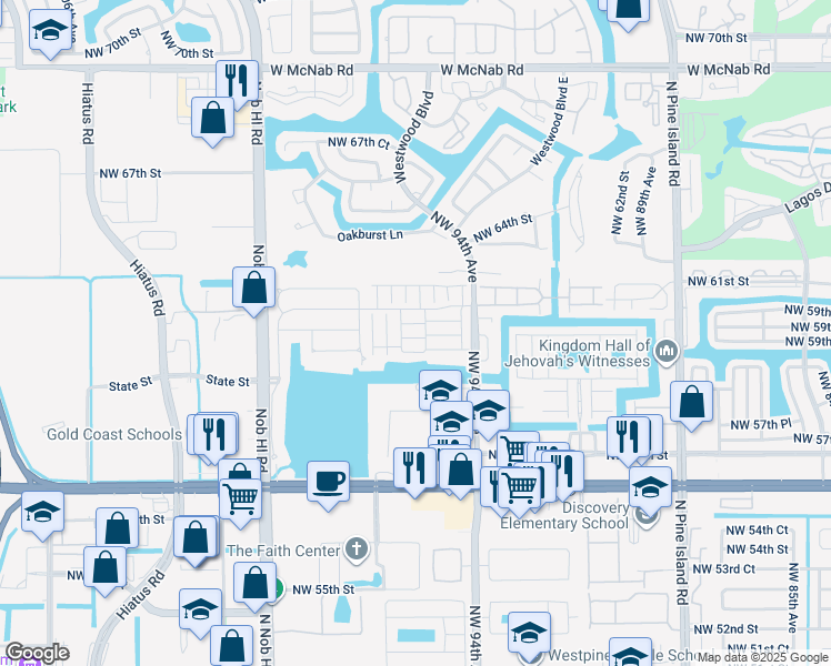 map of restaurants, bars, coffee shops, grocery stores, and more near 9515 South Vermosa Lane in Tamarac