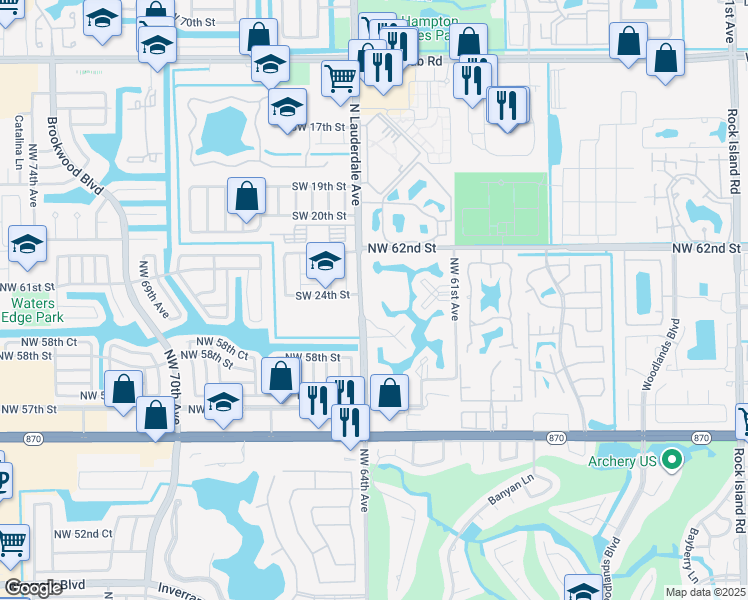 map of restaurants, bars, coffee shops, grocery stores, and more near 6020 Northwest 64th Avenue in Tamarac