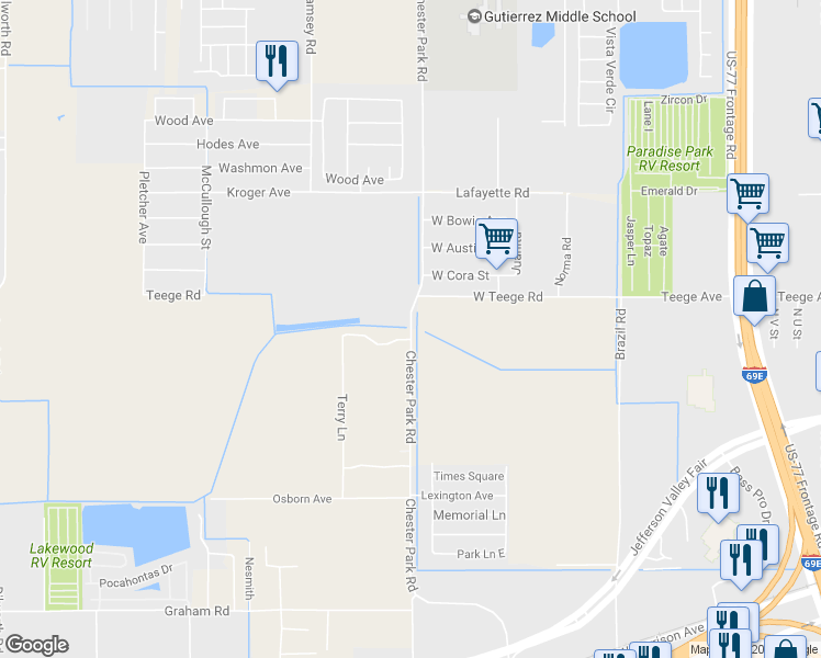 map of restaurants, bars, coffee shops, grocery stores, and more near Chester Park Rd in Harlingen