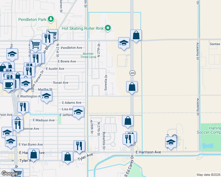 map of restaurants, bars, coffee shops, grocery stores, and more near 718 Sonesta Drive in Harlingen