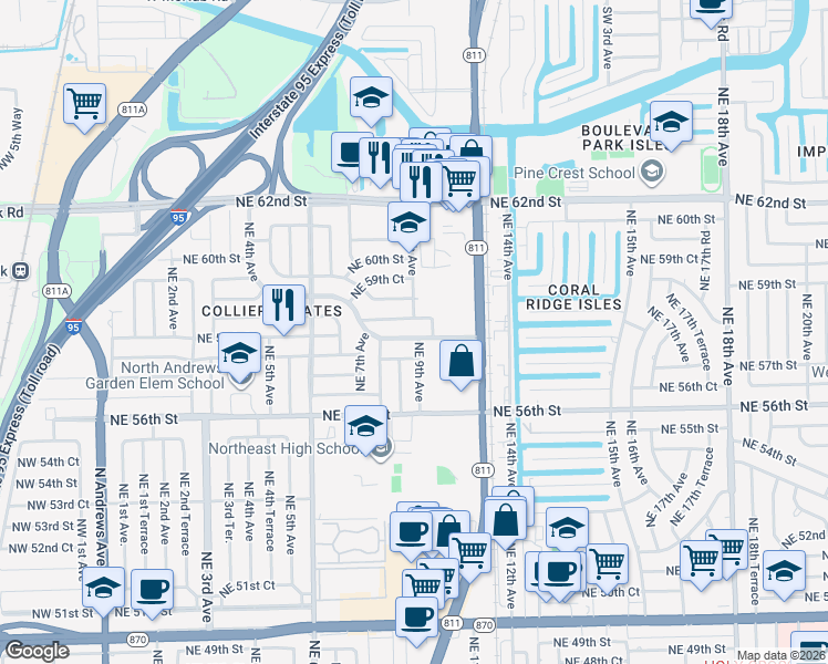 map of restaurants, bars, coffee shops, grocery stores, and more near 921 Northeast 58th Street in Fort Lauderdale