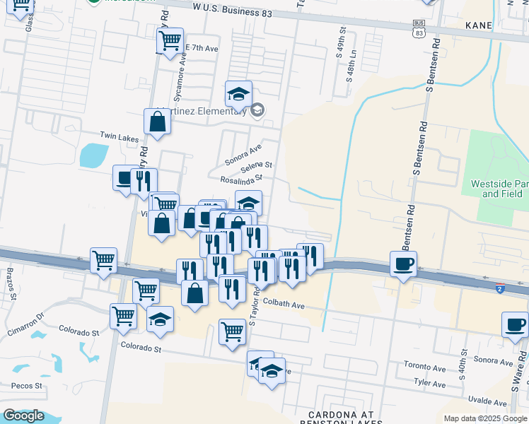 map of restaurants, bars, coffee shops, grocery stores, and more near 104 South Taylor Road in Mission