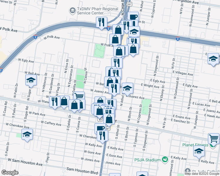 map of restaurants, bars, coffee shops, grocery stores, and more near 411 North Cage Boulevard in Pharr