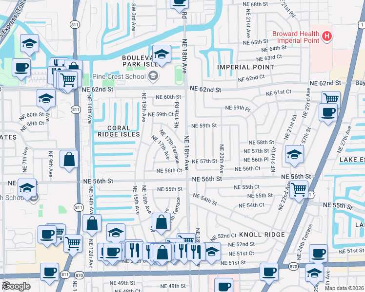 map of restaurants, bars, coffee shops, grocery stores, and more near 5724 Northeast 17th Terrace in Fort Lauderdale