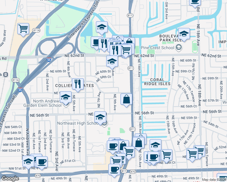 map of restaurants, bars, coffee shops, grocery stores, and more near 921 Northeast 58th Street in Fort Lauderdale