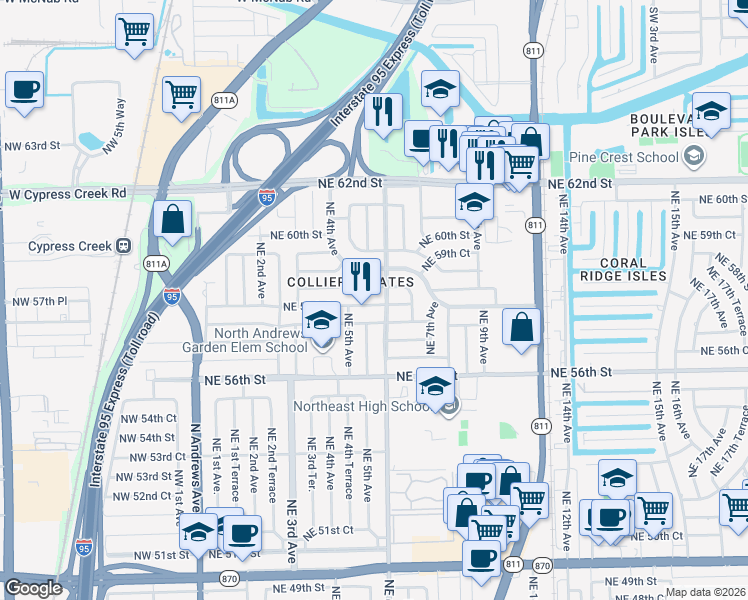 map of restaurants, bars, coffee shops, grocery stores, and more near 601 Northeast 58th Street in Fort Lauderdale