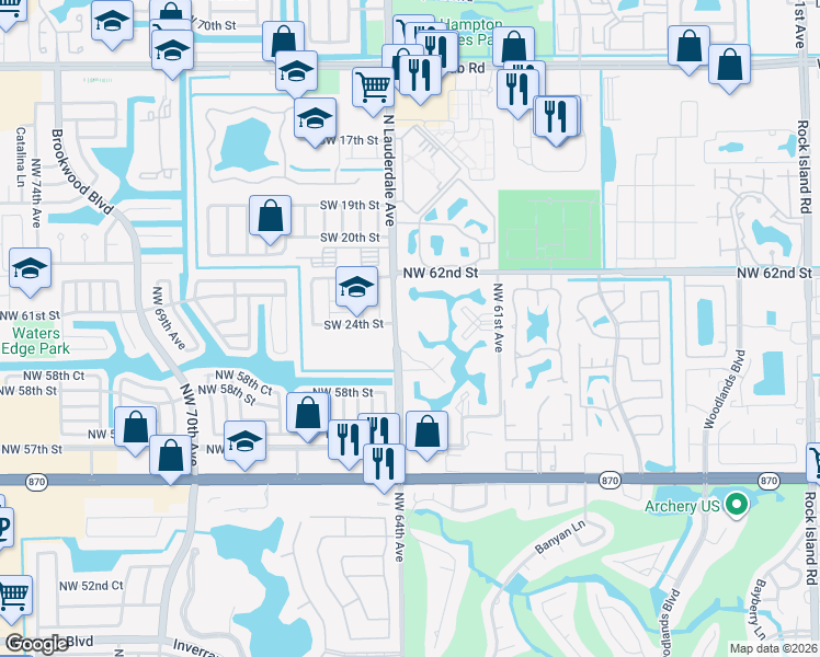 map of restaurants, bars, coffee shops, grocery stores, and more near 6020 Northwest 64th Avenue in Tamarac