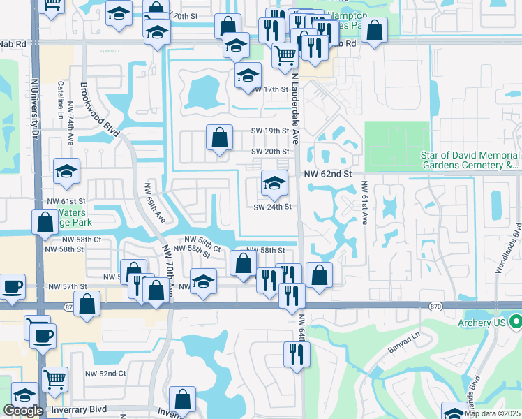map of restaurants, bars, coffee shops, grocery stores, and more near 8115 Southwest 24th Street in North Lauderdale