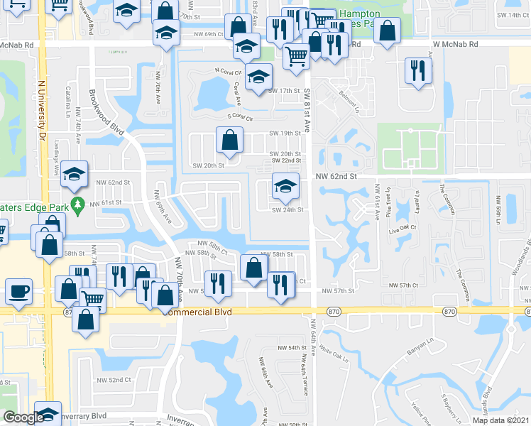 map of restaurants, bars, coffee shops, grocery stores, and more near 8280 Southwest 24th Street in North Lauderdale