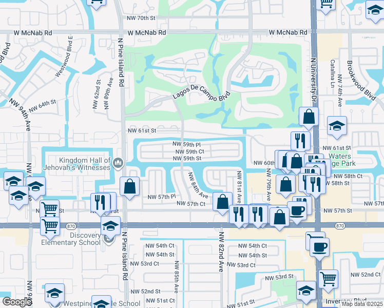 map of restaurants, bars, coffee shops, grocery stores, and more near 8311 Northwest 59th Street in Tamarac