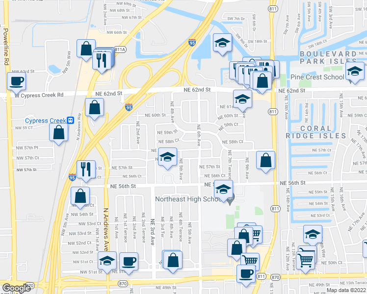 map of restaurants, bars, coffee shops, grocery stores, and more near 451 Northeast 58th Street in Fort Lauderdale
