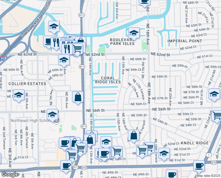 map of restaurants, bars, coffee shops, grocery stores, and more near 1461 Northeast 57th Court in Fort Lauderdale
