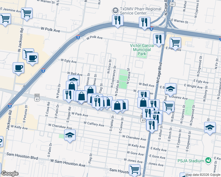 map of restaurants, bars, coffee shops, grocery stores, and more near 515 West Juarez Avenue in Pharr