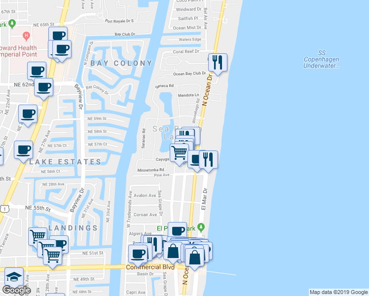 map of restaurants, bars, coffee shops, grocery stores, and more near 2 Winona Lane in Sea Ranch Lakes