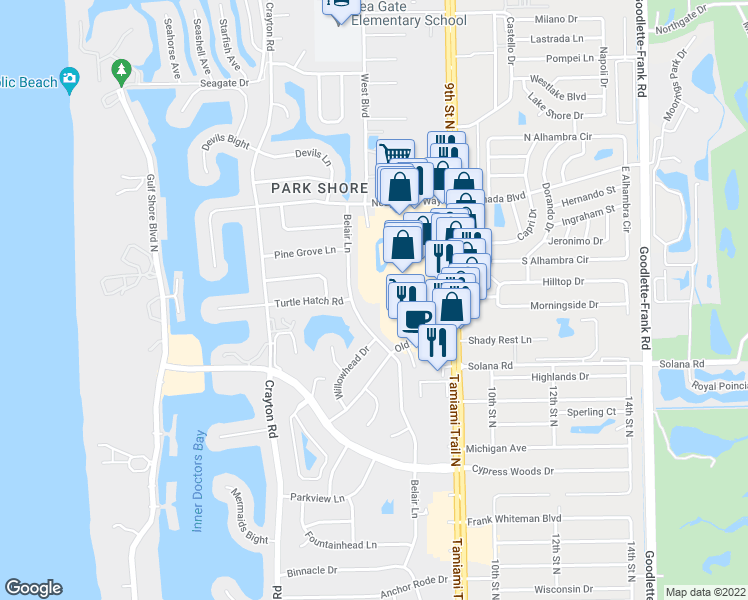 map of restaurants, bars, coffee shops, grocery stores, and more near 4126 Belair Lane in Naples