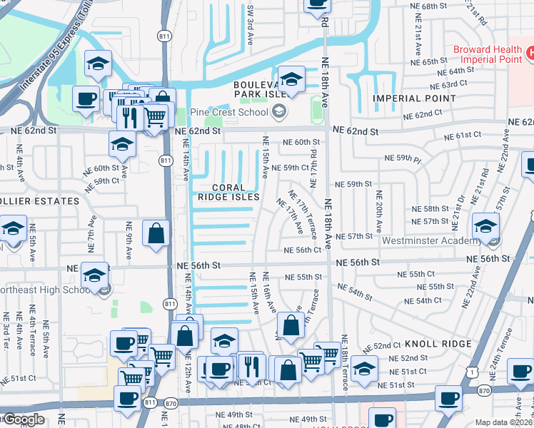 map of restaurants, bars, coffee shops, grocery stores, and more near 5728 Northeast 15th Avenue in Fort Lauderdale