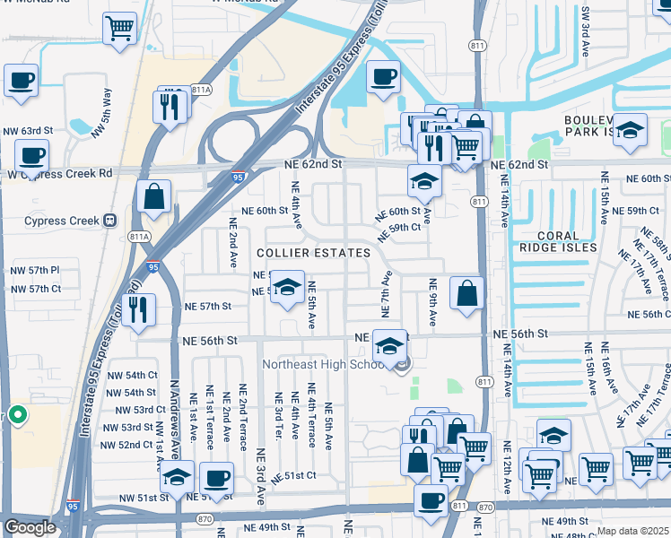map of restaurants, bars, coffee shops, grocery stores, and more near 601 Northeast 58th Street in Fort Lauderdale