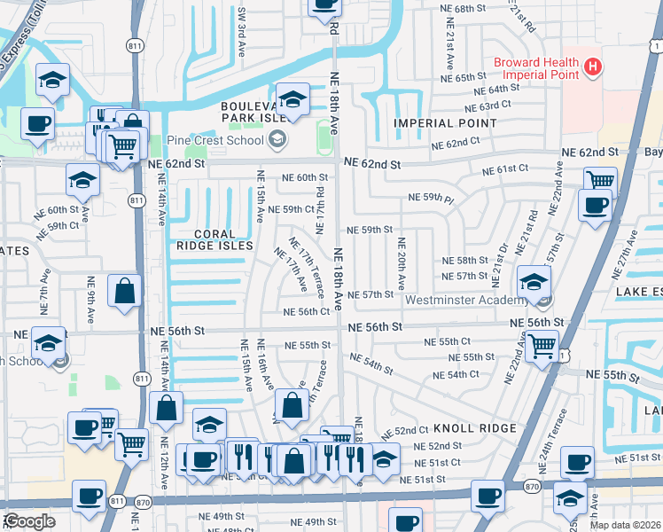 map of restaurants, bars, coffee shops, grocery stores, and more near 5724 Northeast 17th Terrace in Fort Lauderdale
