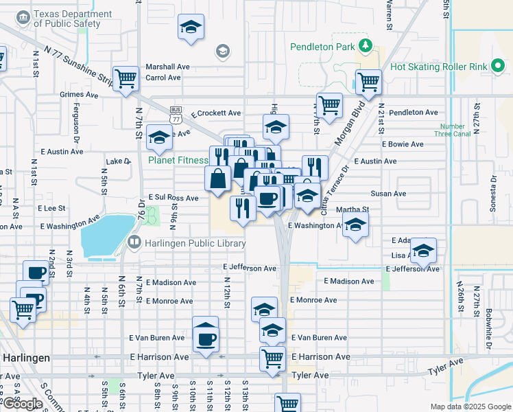 map of restaurants, bars, coffee shops, grocery stores, and more near 705 N 77 Sunshine Strip in Harlingen