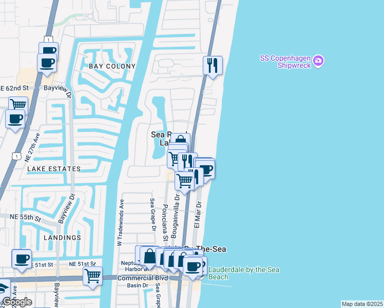 map of restaurants, bars, coffee shops, grocery stores, and more near 4723 North Ocean Drive in Lauderdale-by-the-Sea