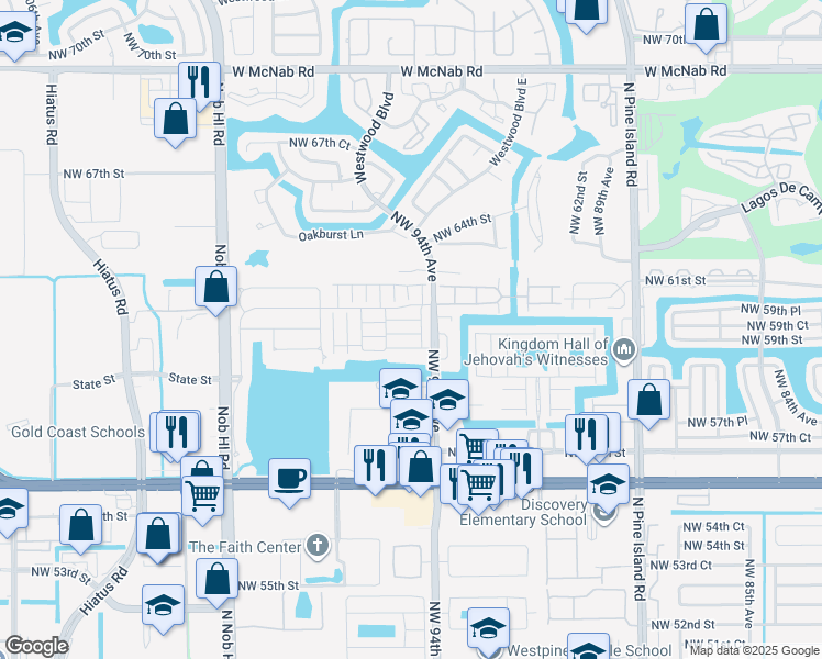 map of restaurants, bars, coffee shops, grocery stores, and more near 9481 Bradshaw Lane in Tamarac