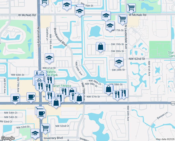 map of restaurants, bars, coffee shops, grocery stores, and more near 6002 Northwest 68th Terrace in Tamarac