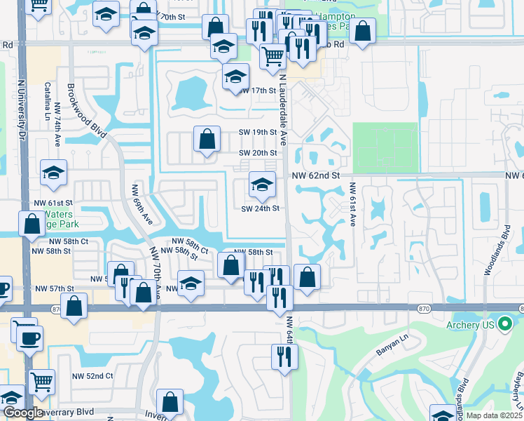 map of restaurants, bars, coffee shops, grocery stores, and more near 8115 Southwest 24th Street in North Lauderdale