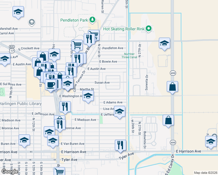 map of restaurants, bars, coffee shops, grocery stores, and more near 2207 South Whitehouse Circle in Harlingen