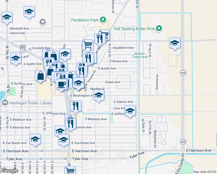 map of restaurants, bars, coffee shops, grocery stores, and more near 2031 Martha St in Harlingen