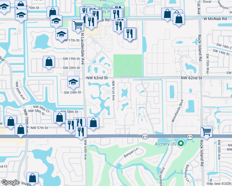map of restaurants, bars, coffee shops, grocery stores, and more near 6189 Pine Tree Lane in Tamarac