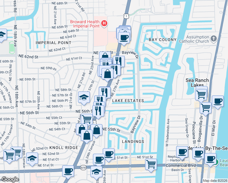 map of restaurants, bars, coffee shops, grocery stores, and more near 2700 Northeast 57th Court in Fort Lauderdale