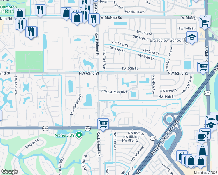 map of restaurants, bars, coffee shops, grocery stores, and more near 5155 East Sabal Palm Boulevard in Tamarac