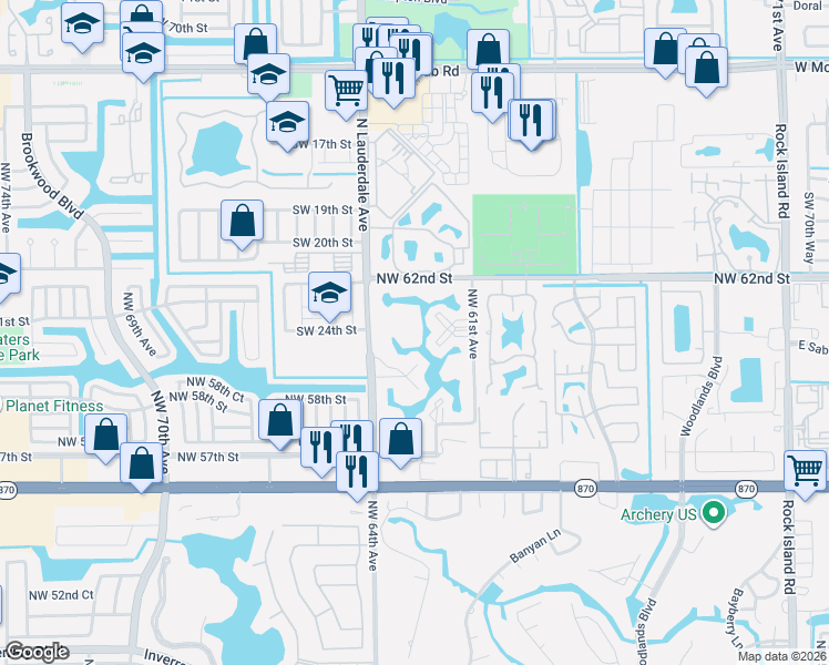 map of restaurants, bars, coffee shops, grocery stores, and more near 6020 Northwest 64th Avenue in Tamarac