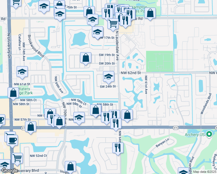 map of restaurants, bars, coffee shops, grocery stores, and more near 8115 Southwest 24th Street in North Lauderdale