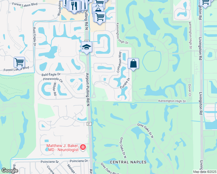map of restaurants, bars, coffee shops, grocery stores, and more near 3345 Europa Drive in Naples