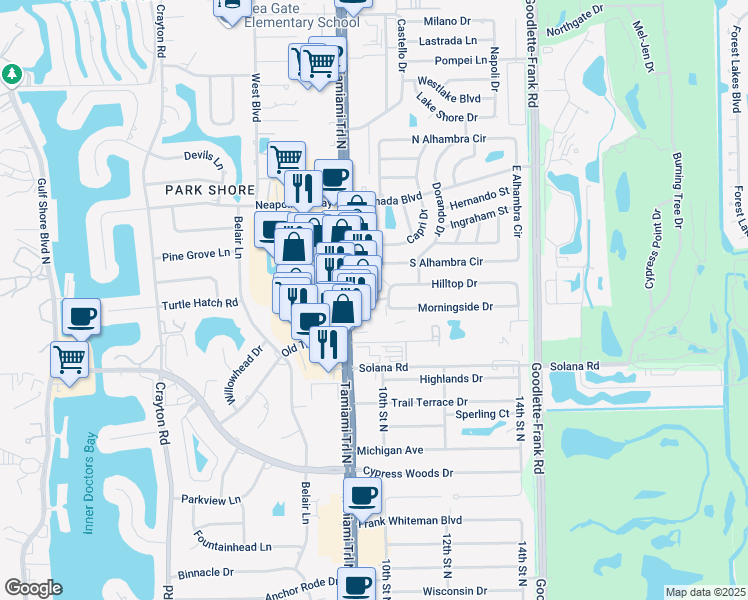 map of restaurants, bars, coffee shops, grocery stores, and more near 4296 Tamiami Trail N in Naples