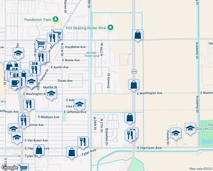 map of restaurants, bars, coffee shops, grocery stores, and more near 721 Sonesta Court in Harlingen