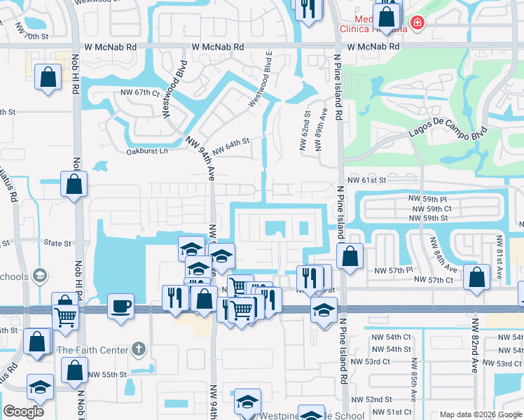 map of restaurants, bars, coffee shops, grocery stores, and more near 9110 Chambers Street in Tamarac