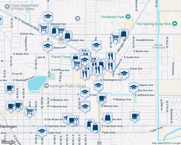 map of restaurants, bars, coffee shops, grocery stores, and more near 705 N 77 Sunshine Strip in Harlingen