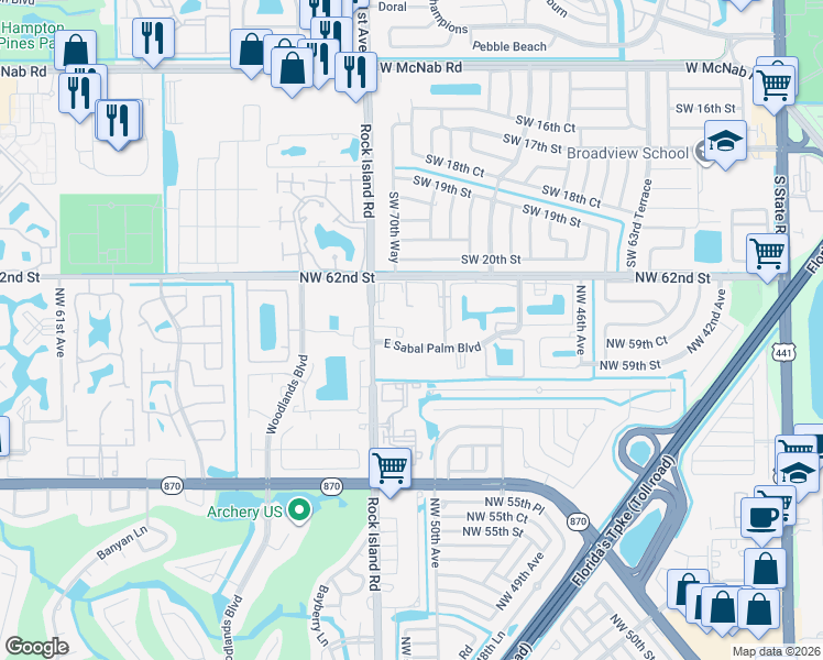 map of restaurants, bars, coffee shops, grocery stores, and more near 5155 East Sabal Palm Boulevard in Tamarac